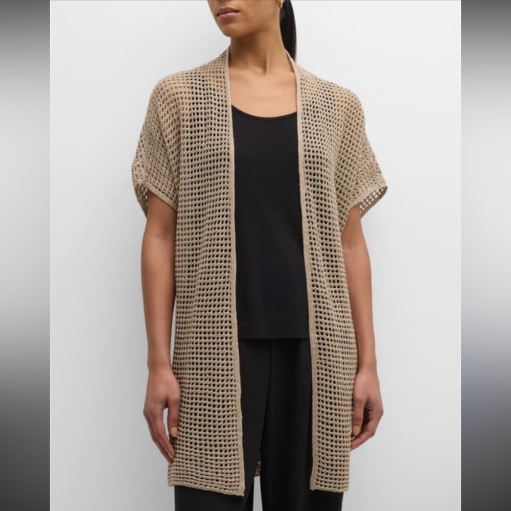 Eileen Fisher Open-Knit Short-Sleeve Duster Cardigan in Beige